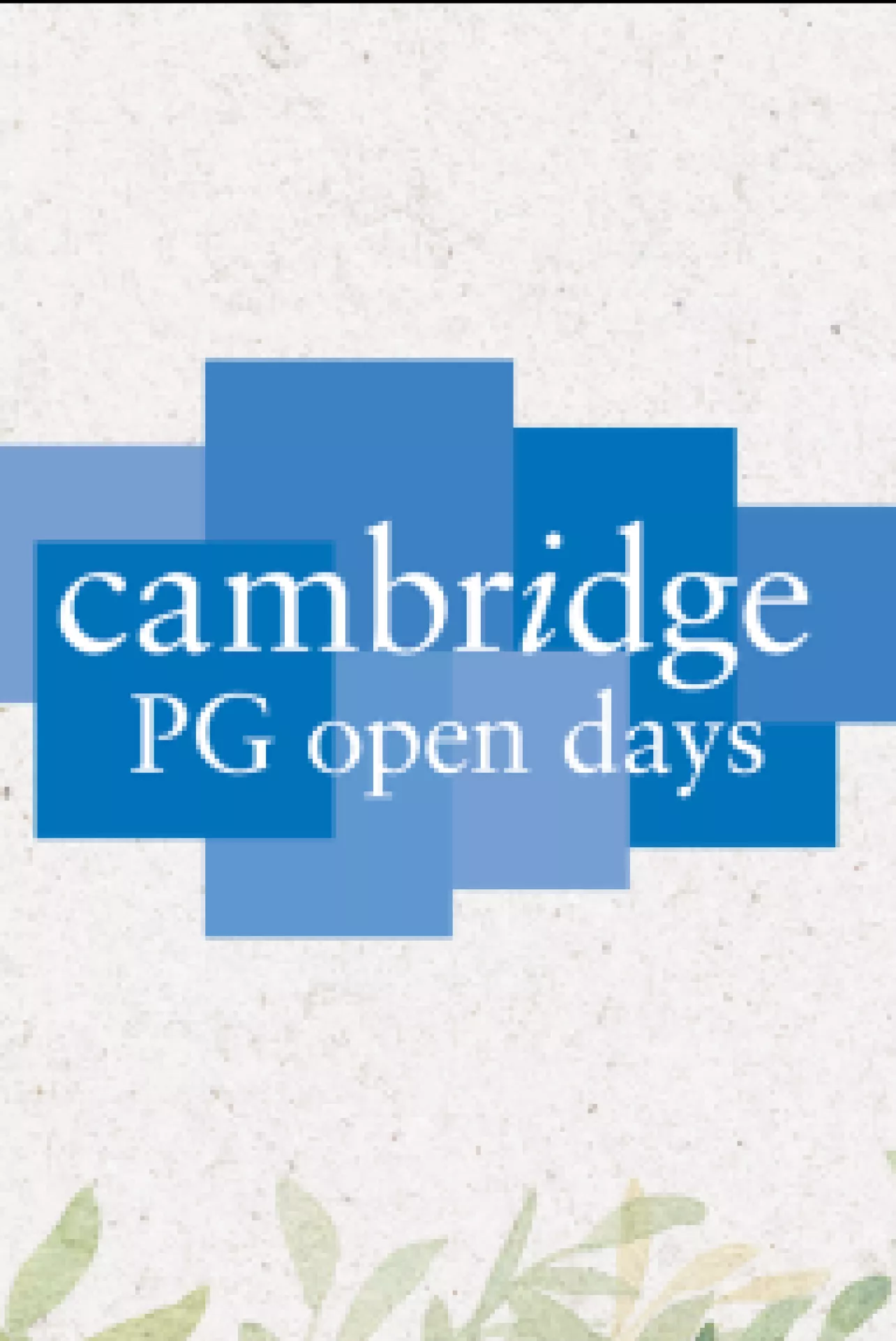 University of Cambridge official Virtual Postgraduate Open Days Logo, blue working on cream background