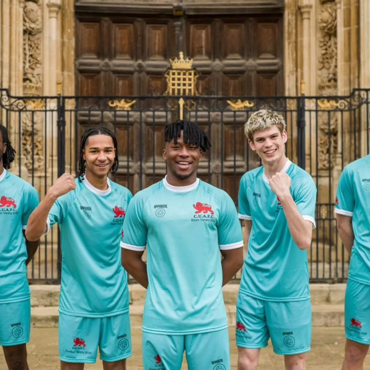 Five footballers from Fitz in Varsity light blue kit