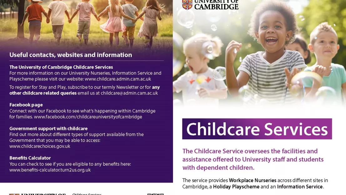 Leaflet showing images of children, along with information on how to contact the Childcare Services office