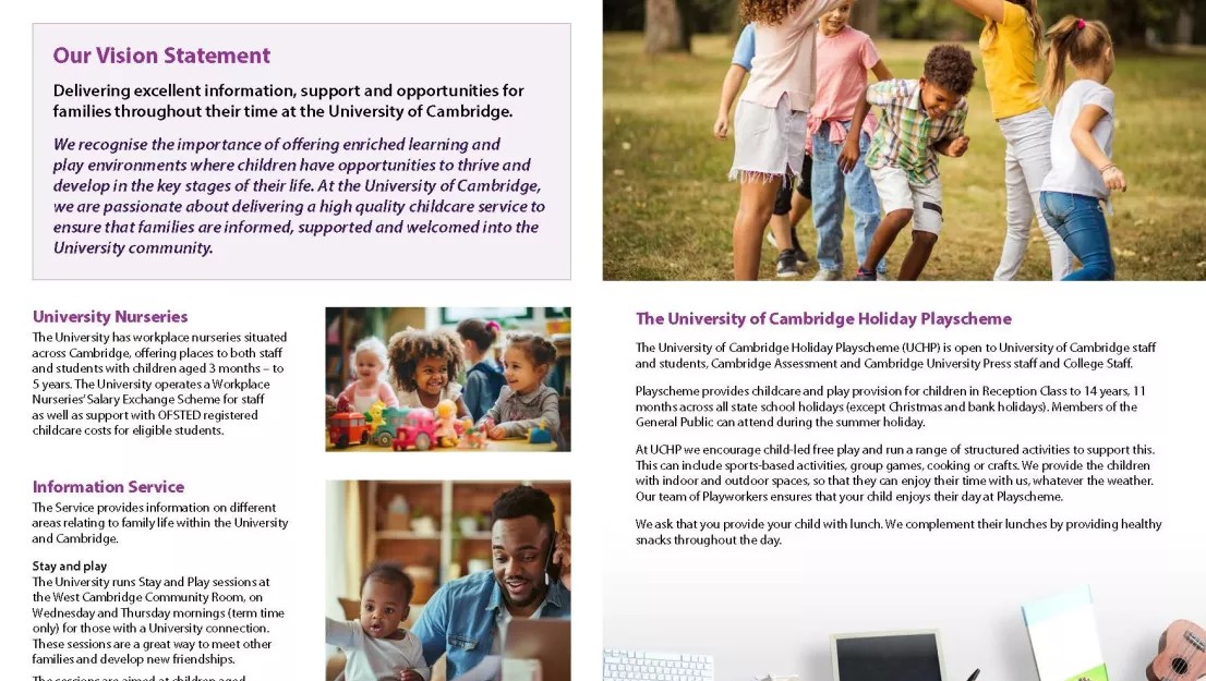 Seconnd page of leaflet with images of children playing, outlining childcare options at the University and colleges.